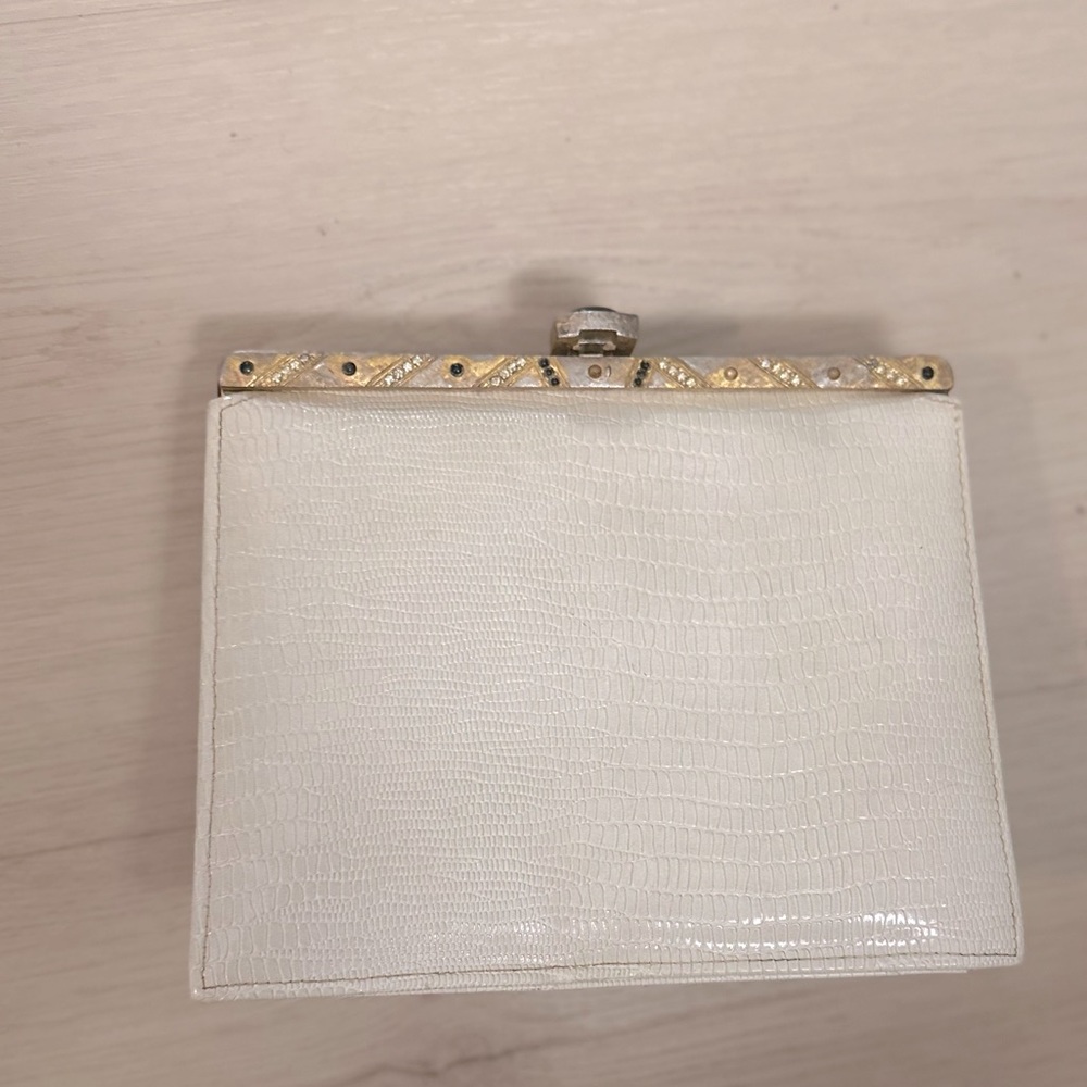 MEYERS Vintage Cream Reptile Jeweled Leather Purse w:Back Handle Made in USA